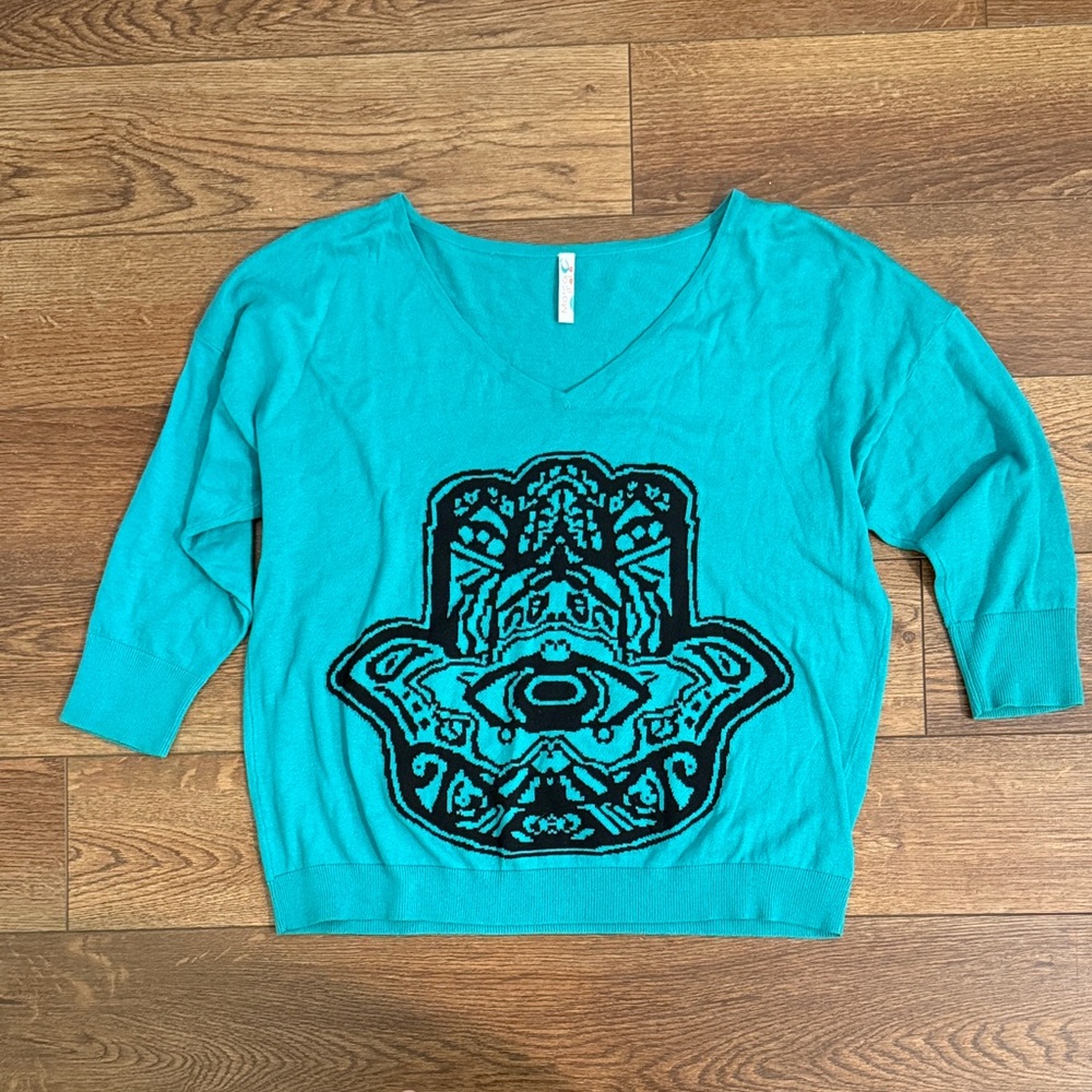 Teal V-Neck Sweater with Black Hamsa Design
